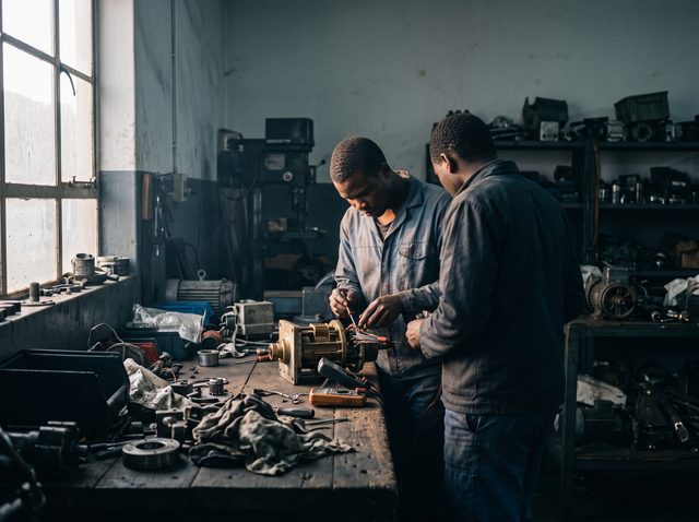Two technicians lean over a mechanical part at a workshop bench lit by window light.