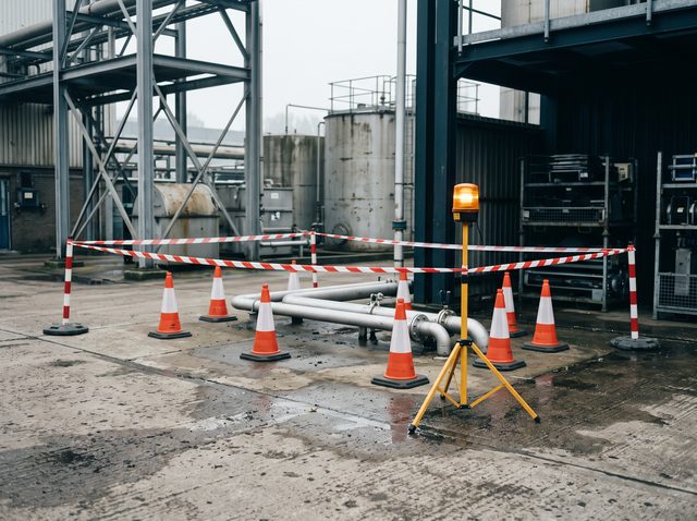 Barrier tape and cones cordon off a section of exposed piping, with an amber beacon lit beside it.