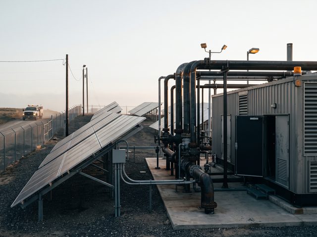 Tilted solar panels stand beside industrial piping and a containerized generator at dusk.