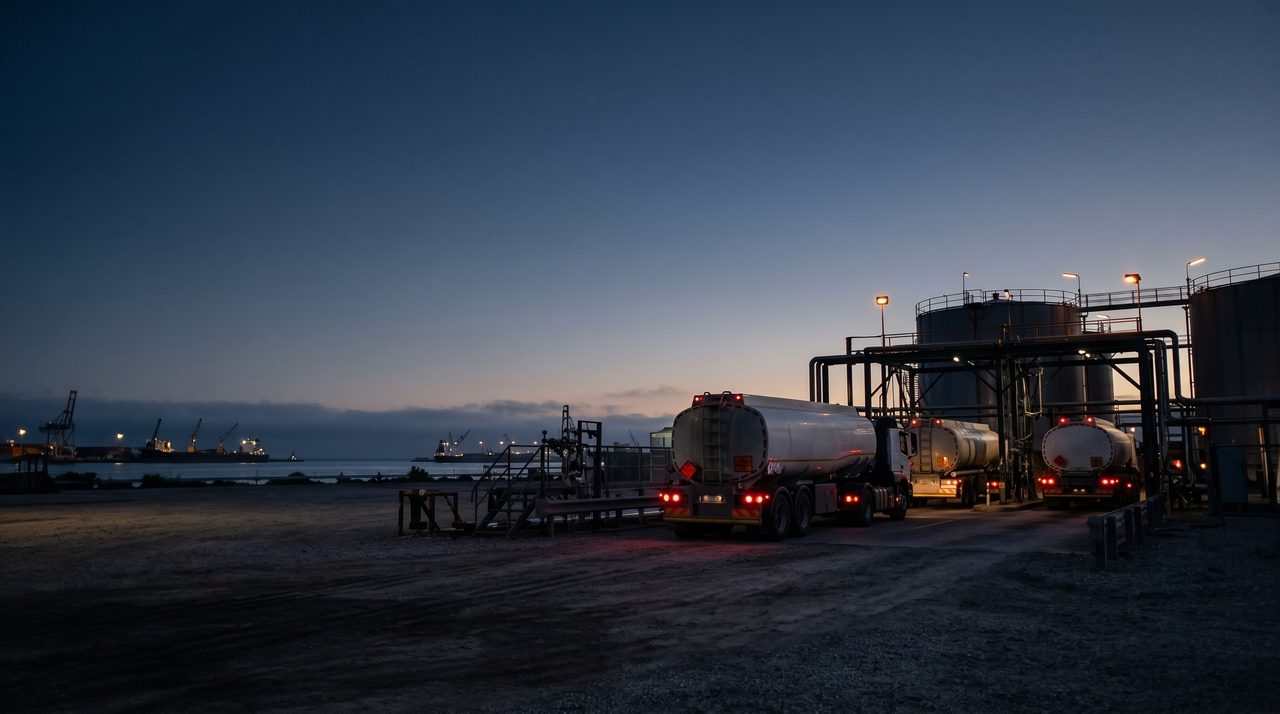 A fuel tanker at a coastal terminal at dusk, port cranes and cargo ships silhouetted in the background.