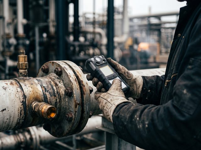 Gloved hands hold a portable detector against a weathered industrial pipe flange.