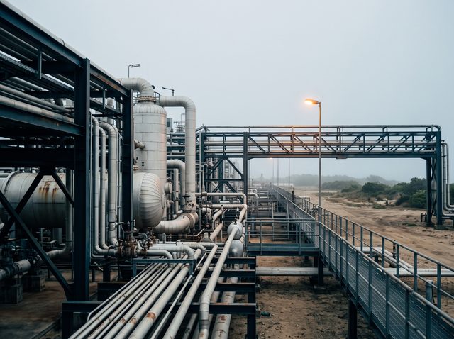 Steel piping and elevated walkways at an onshore industrial facility, an amber pole light glowing at dusk.