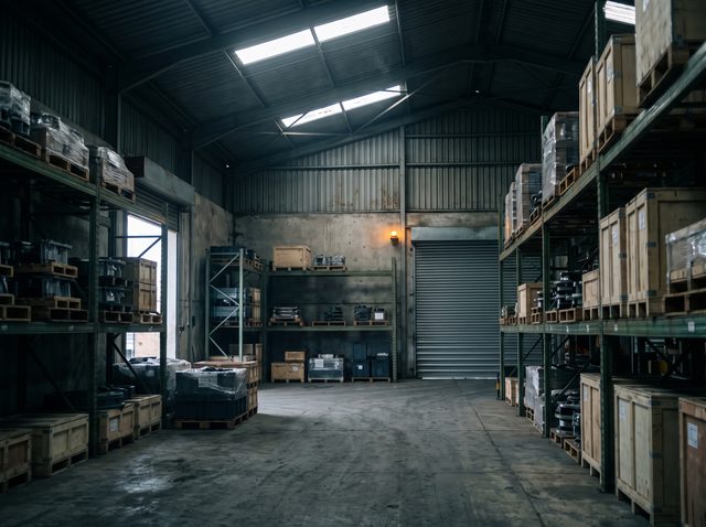 Interior of an industrial warehouse with steel racking and stacked cargo crates under overhead light.