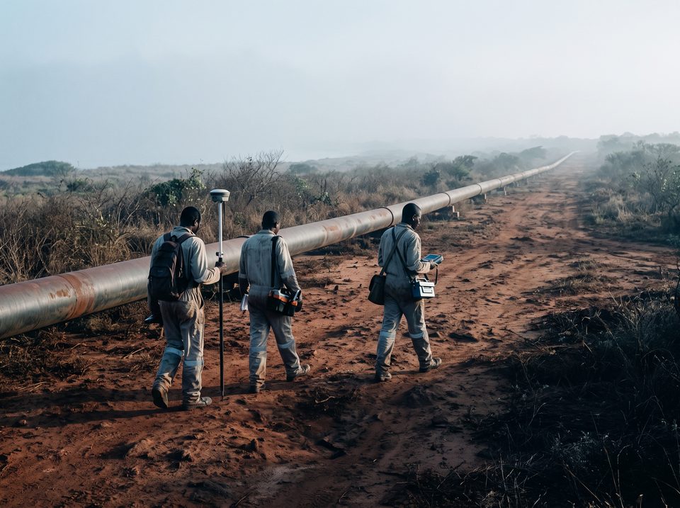 Three people walk alongside an exposed pipeline across laterite terrain under an overcast sky.